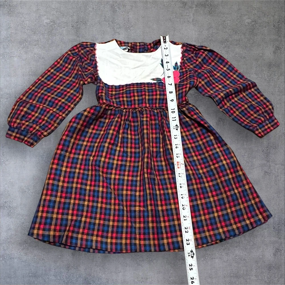 Vintage ady Girls‎ Plaid Dress Cherry Embroidery Long Sleeve Prairie Size 4 5